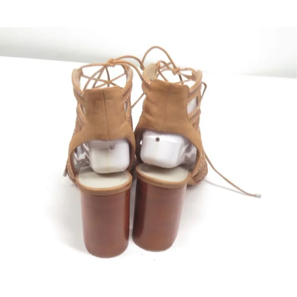 1 State Is Kayley Caged Brown Leather Sandals Studded Block Heel Laces Women 11